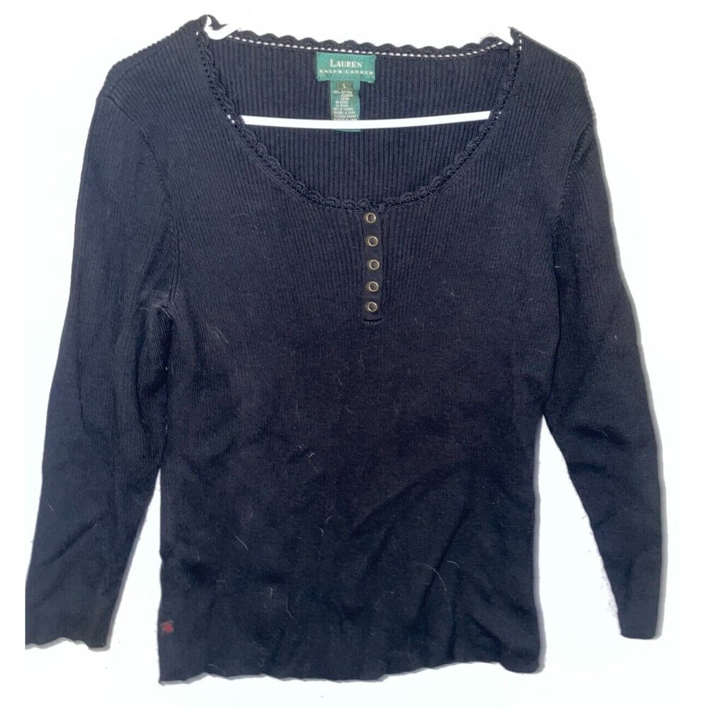 Lauren Ralph Lauren Womens L Henley Long Sleeve Black Top Ribbed Snap Crochet